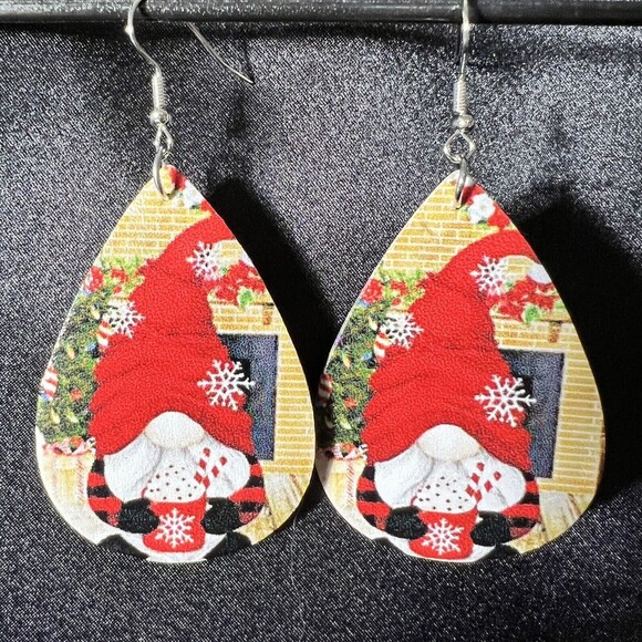 HOLIDAY Santa with Cocoa Teardrop Dangle Drop Earrings 2 sided Jewelry NEW 3” - Picture 2 of 9